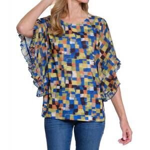 NEW SLIMSATION BY MULTIPLES women's flounce sleeve print top in multi